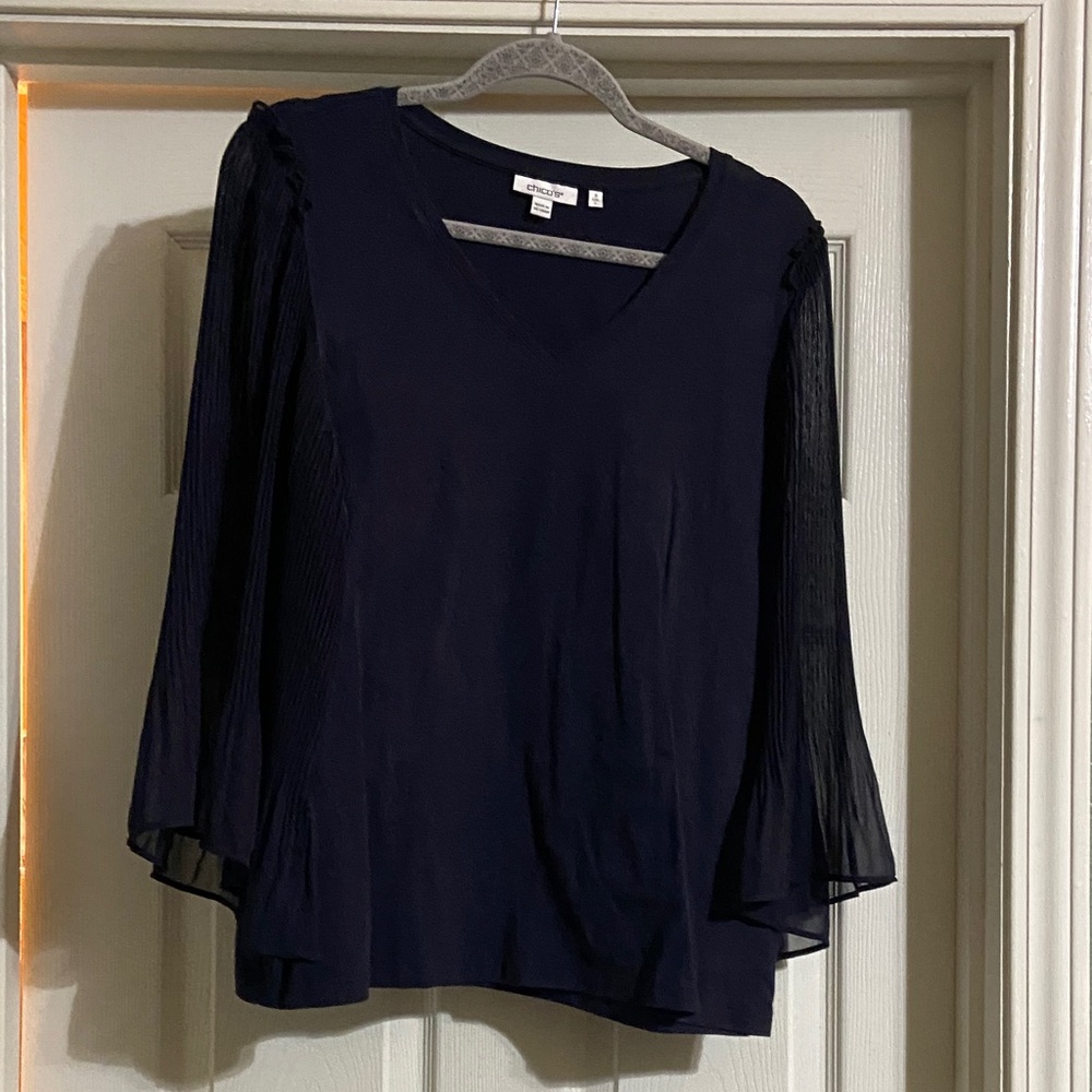 Chico's Navy Blouse with Sheer Sleeves
